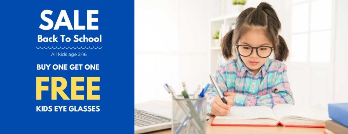 A pair of blue block lenses designed for kids, promoting eye protection at Eye Contact Optician.