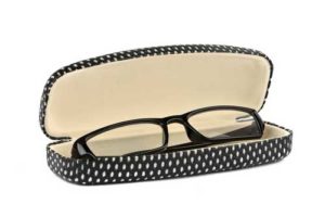 A pair of eyeglasses placed inside a black protective case with a zipper, on a white background.