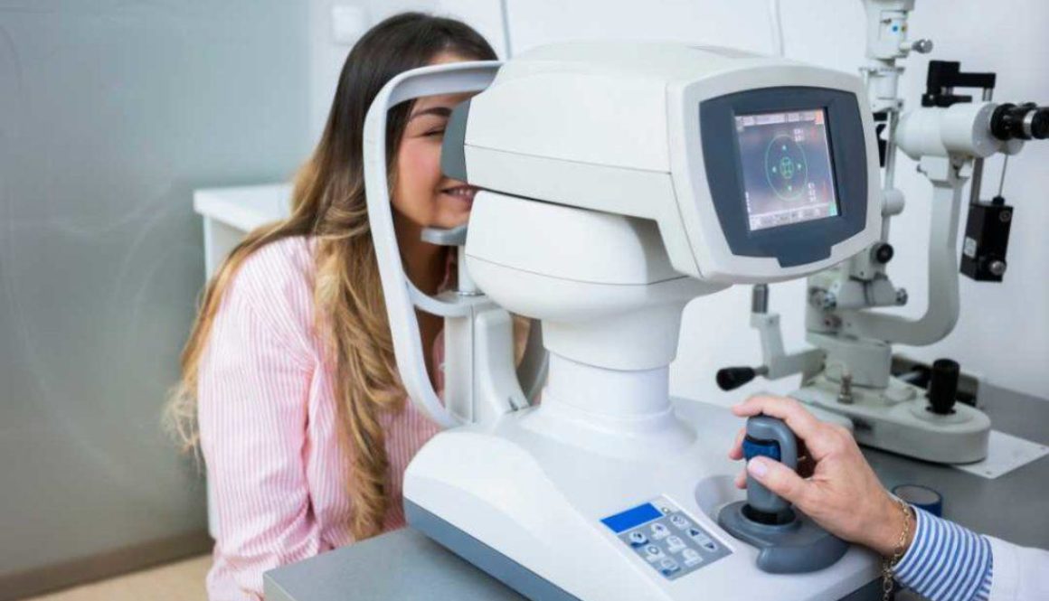 Optometrists performing eye exams on patients in a clinic