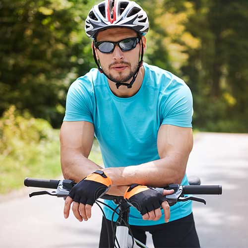 A pair of lightweight cycling glasses with wraparound design and UV protection.
